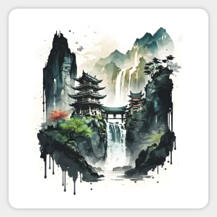 Ancient Chinese Ink Landscape with Majestic Waterfalls Sticker